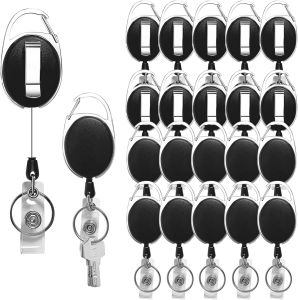 20 Pack Retractable Badge Holder with Carabiner Reel Clip Bulk ID Card Key Holder with Ring Heavy Duty Black Key Chain Extender for Office Work Employee