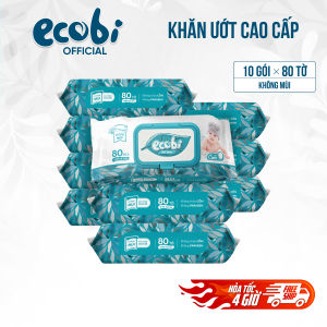 Thùng 10 gói khăn ướt cho bé cao cấp Ecobi gói 80 tờ 560g Không Mùi không cồn không parabens