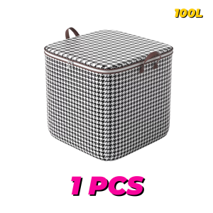GetGadget⚙ 100L Fabric Storage Boxes with Lids Houndstooth Clothes Quilt Bins Container Organizers with handle Fabric Clothes Basket Multi-Purpose Blanket And Curtain Bag Foldable Pretty Decorative Storage Basket