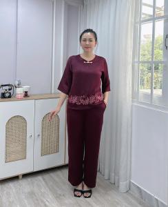 Bộ Đồ Nữ Trung Niên Sang Trọng Lụa Ruby Thêu Hoa Cao Cấp Quần Dài Tay Lỡ Quà Tặng Cho Bà Cho Mẹ