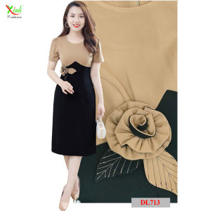 Đầm Suông Đen Phối Nude Nâu Kết Hoa Sang Trọng DL713