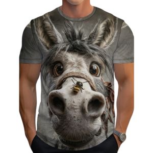 New Cute Fun Donkey and Bee Pattern 3D Printed Design for Mens Simple T-Shirt in Plus Size Fashionable Daily Sports and Leisure