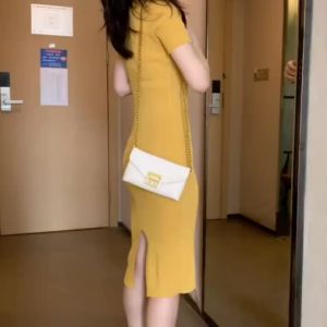 Missliu Fashion Summer New Short-sleeved Knitted Dress Mid-length Fashion All-match Slim Split Hip Skirt Female