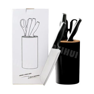 New MEIHUI 5-Piece Stainless Steel Kitchen Knife Set with Scissors and Paring Knife Durable Non-Slip Handles Sharp Edge and Storage Block - White/Black