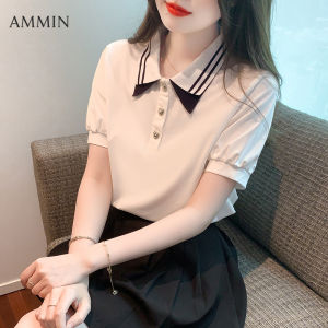 AMMIN Áo Thun Cotton Nguyên Chất Màu Chắp Vá Cổ Áo Polo Phối Sọc Sang Trọng Mới Mùa Hè Tay Ngắn Trái Tim Thời Trang Phong Cách Hàn Quốc Cho Nữ Thiết Kế Nút Thoải Mái Thường Ngày Áo Blouse Thanh Lịch