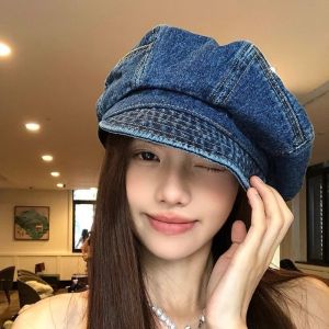 WANGCAI Đám mây Mũ beret denim đã giặt Cổ điển Người bán báo Mũ hình bát giác tiếng Hàn Tấm che  Mũ chóp Phụ nữ