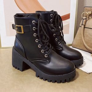 Size 35-42 Lace up Boots Round Toe Thick High Heels Belt Buckle Middle Top Womens Boots