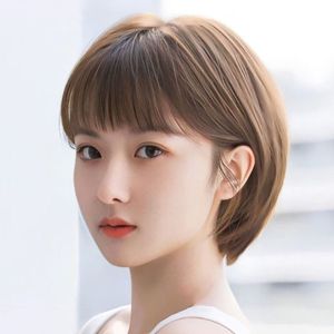 GUORE Heat Resistant Fiber Short Bob Wig Black Brown Synthetic Wigs with Bangs Natural Straight Bob Wigs Ladies