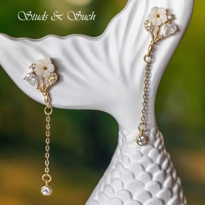 [Studs & Such] 925 Silver Pretty Mother of Pearl Flower Tassel Drop Earrings With Cubic Zirconia