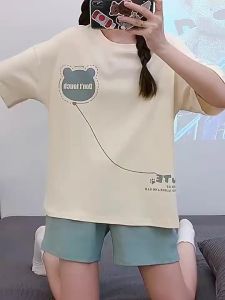 【Ship in 24H】【Spots现货】睡衣女夏季带胸垫甜美短袖短裤套装薄款卡通大码宽松可外穿家居服Sleepwear womens summer with chest pads sweet short sleeved shorts setNew models