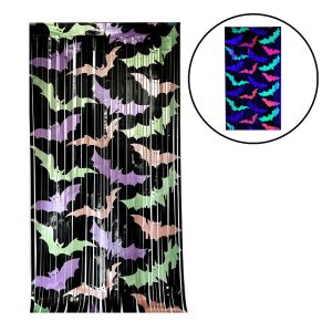 CUBBY 1x2M Fluorescent Tinsel Curtain Bat Pattern Sparkling Wall Hanging Bat Pendants Lightweight Creativity Door Hanging Decor Halloween Theme
