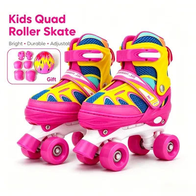 IMUTO Colorful Roller Skates with Upgraded Bracket for Kids. Bright yellow blue pink and green design. Four wheels per skate. Suitable for recreational use. Ideal for indoor or outdoor skating.