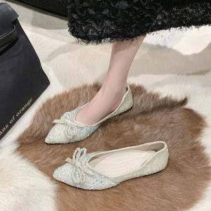 Single Shoes Womens Spring New Ins Net Red Bow Rhinestone Beanie Shoes Gentle Fairy Style Evening Shoes