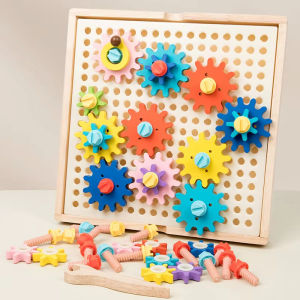 65pcs Wooden Gears and Screws Toy Set Includes Wooden Wrench 28.5x28.5cm Gear Board 24 Challenge Cards Educational