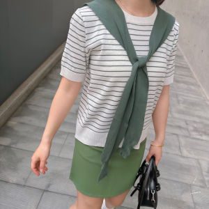 BL20419 Korean Stripe Knit Tee With Tie Scarf