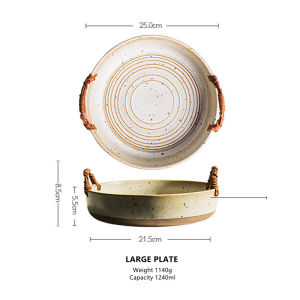 OMK Japanese style handmade Rough Pottery Craft Salad Plate Ceramic Deep Plate With Handle Salad Bowl