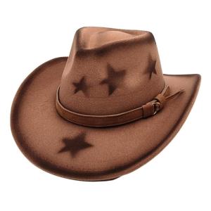 Homburg Cowboy Hats with Star Print Maillard Style Belt Trim Hat Top Hat Classical Porkpie Hat for Boy Men Headwear