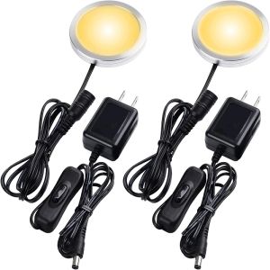 Single Under Cabinet LED Puck Light Curio Display Case Shelf Counter Accent Lighting 120V Electric Wired Wall Plug in On Off Switch Black Cords 2 Packs Daylight