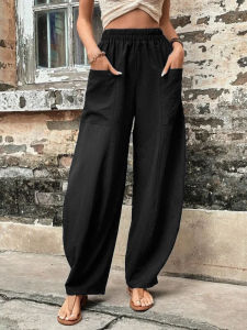 3102025 Cross-Border New Cotton Linen Womens Carrot Pants R Solid Color Pocket American Casual Elastic Waist Long Pants