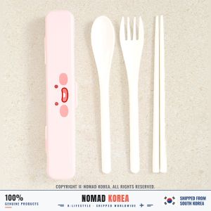 Daiso Korea Kakao Friends Bộ thìa nĩa đũa 3 trong 1 Little Ryan / Apeach kèm hộp đựng thìa đũa 185 cm mang theo