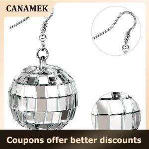 【 CANAMEK 】 1 Pair 70s Silver Color Shiny Disco Ball Dangle Earrings for Women Cool Fashion Jewelry Retro Round Drop Earrings