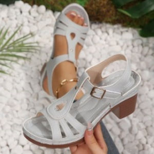 [Free Shipping] WomenS Multi-Colored Hollow-Out Chunky Heel Sandals With Buckle And Strap Detail Open-Toe Casual Shoes