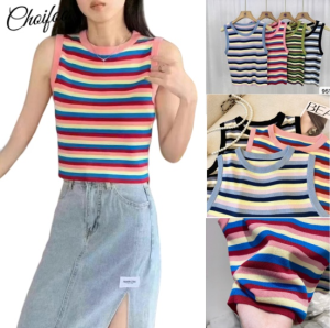 ChoiFoo เสื้อกั๊กลายทางสีลูกกวาดหวานสำหรับผู้หญิงเสื้อกั๊กบางระบายอากาศได้ดีสำหรับฤดูร้อนเสื้อแขนกุดคอกลมเข้ารูปพอดีเสื้อเอวลอยนุ่มแนะสวมสบายเสื้อสายเดี่ยวเป็นมิตรกับผิว