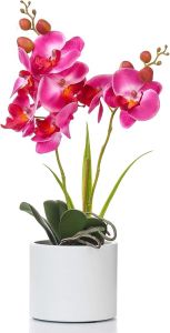 Jusdreen 1 Pcs Glass Vase Artificial Orchid Flower Bonsai Vivid Phalaenopsis Flowers Potting for Home Office Décor Table Centerpiece Room Decorations 14.5"(Glass Vase/Purple Orchid)