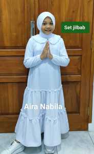 Gamis anak perempuan putih set hijab terbaru