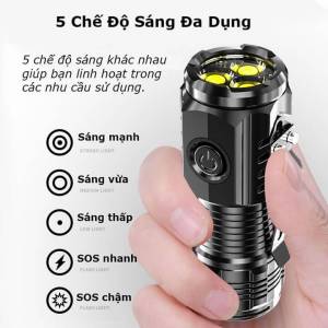 đèn pin mini siêu sáng pin trâu 5 chế độ có nam châm và móc gài 3 chip led