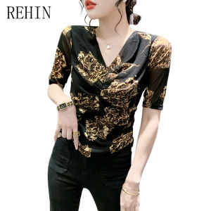 REHIN Summer new fashion printed V-neck pleated mesh hot drill short sleeve T-shirt floral top blouse for women