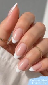 AzureBeauty White French Tip Press On Nails Short Almond Nude Base 32 Pcs Full-cover fake nails create a clean natural French mani tabs and tools support simple DIY styling for work and weddings