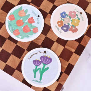 3PCS Double Sided Wipe Compressed Wood Pulp Sponge Mini Portable Non-stick Kitchen Wipes Super Absorbent Flower Pattern Dishwashing Tools