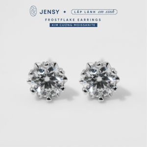 Bông Tai Bạc Gắn Kim Cương Moissanite Xi Bạch Kim Kiểm Định GRA "Frostflake"  BTJ3. Khuyên Tai Bạc