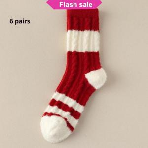 Flash Sale 6 Pairs Winter New Year Velvet Socks With Red White Stripes For Women Mid Tube Socks Girls Warm Plush Red Socks Christmas Gift