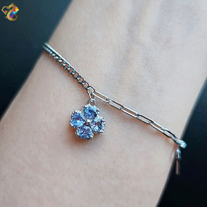 Super Premium Grade Faceted Lucky Clover Tanzanite Full S925 Adjustable Chain Bracelet