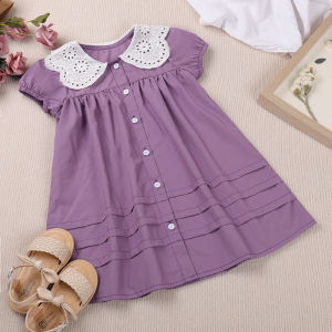 Gấu lãnh đạo mùa hè Hollow ren ve áo dresse cho bé gái trơn mới màu tay ngắn ăn mặc 3 đến 7 tuổi trẻ em quần áo trẻ em quần áo