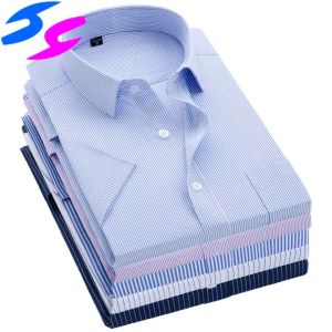 HY Mens Classic Solid/striped Basic Dress Shirts Single Patch Pocket Formal Business Standard-fit Office Social Men Shirt
