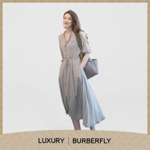 Burberfly Dress-High Waist Korean ShortSleevess V-Neck Button Belt Control Long Casual Maxi Dress