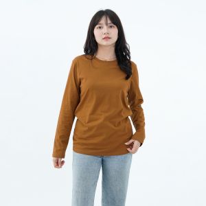 Kaos Polos Wanita Oneck Lengan Panjang Bahan Katun Combed 30s Warna Caramel