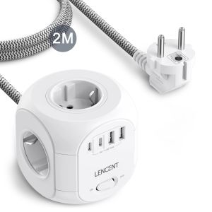 LENCENT Upgraded Power Strip Cube with 4 AC Outlets 3 USB Ports 1 Type C 2M Braided Cable Multi Socket with Switch for Home