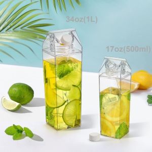 500ml Acrylic Milk Carton Water Bottle Clear Plastic Milk Box Portable Square Juice Bottle