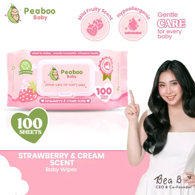 Peaboo Baby Strawberry & Cream Scent Baby Wipes Hypoallergenic for Sensitive Skin 100 Sheets