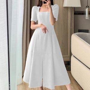 Woman Elegant Formal Dress Casual Plain Square Neck Puff Sleeve Split Front Maxi Dress L2254