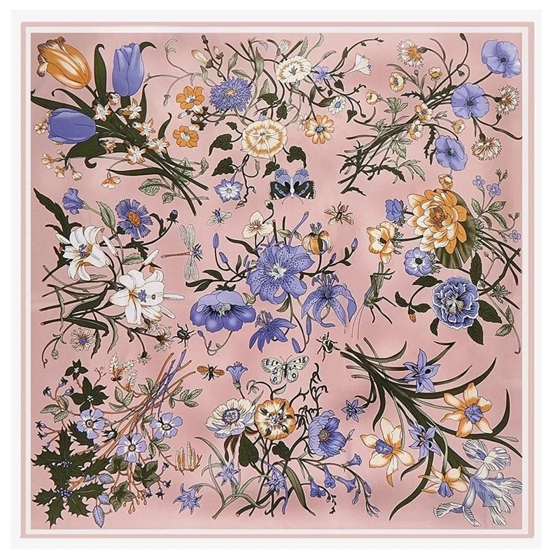 Twill Silk Scarf Bouquet Flower Print 130cm/52inches Large Square