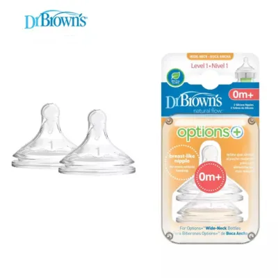 Dr Brown BPA-Free Wide Neck Silicone Options+ Bottle Teats Level 1-4 & Y-Cut - 0M+ (Pack of 2)