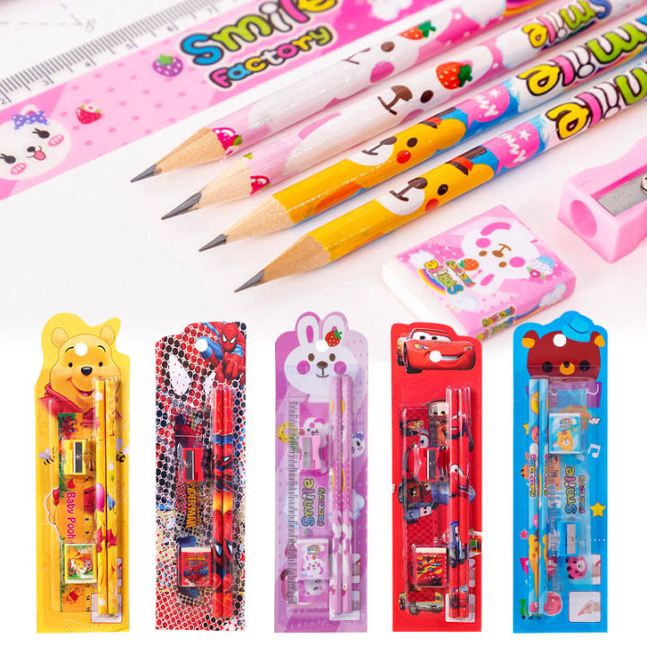 ชุดอุปกรณ์เครื่องเขียน สำหรับเด็ก การ์ตูนดัง 5 in 1（ดินสอ+ยางลบ+ไม้ ...