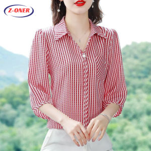 Z-ONER Striped Chiffon Shirt for Women Seven-point Sleeve Blouse Top