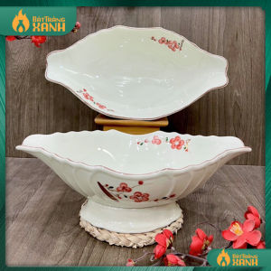Bát gà cúng Bát Tràng - Bát bày gà men kem vẽ tay hoa đào đỏ sứ nung khử cao cấp - Bát thuyền đựng gà lễ lᴏại 1