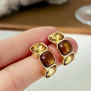 Fashionable Ring Gift 美拉德几何方块咖色水晶环形耳钉女高级感轻奢复古通勤耳环耳饰品